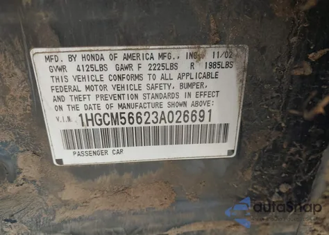 2003 Honda Accord 2.4 Ex from USA, damaged, VIN 1HGCM56623A026691